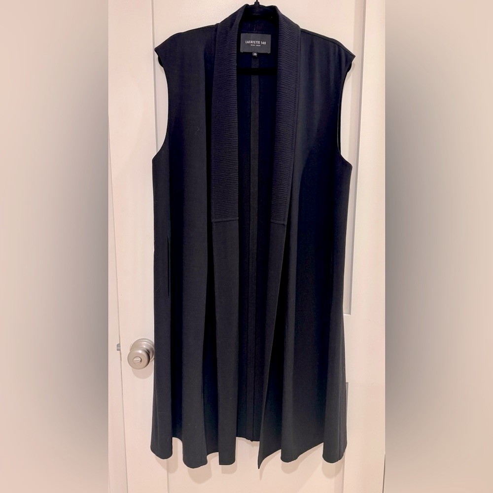 Lafayette 148 Black Wool Long Vest Jacket, Open Cardigan w/ pockets